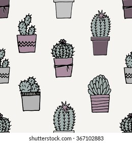 Hand drawn seamless repeat pattern with succulent plants in pastel colors.