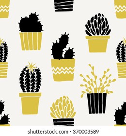 Hand drawn seamless repeat pattern with succulent plants in black, cream and yellow.