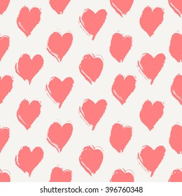 Hand drawn seamless repeat pattern with hearts in pink on cream background. Modern and stylish romantic design poster, wrapping paper, Valentine card design.