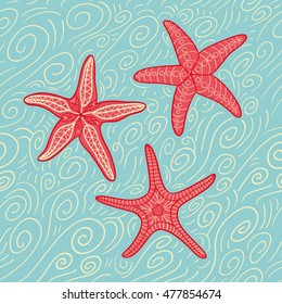 Hand drawn seamless repeat pattern with starfish  in coral red on blue background with waves