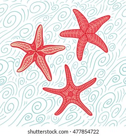 Hand drawn seamless repeat pattern with starfish  in coral red on off-white background with waves