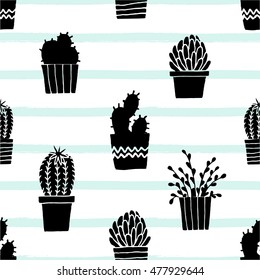 Hand drawn seamless repeat pattern with black succulent plants on a striped white and light blue background.