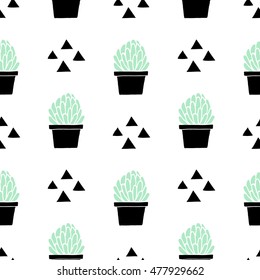 Hand drawn seamless repeat pattern with triangle shapes and succulent plants in mint green and black isolated on white background.