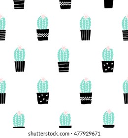 Hand drawn seamless repeat pattern with succulent plants in pastel pink, black and green isolated on white background.