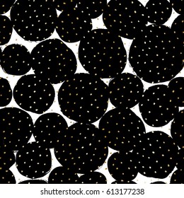 Hand drawn seamless repeat pattern with round shapes in black and golden dots texture on white background. Modern and original textile, wrapping paper, wall art design.