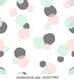 Hand drawn seamless repeat pattern with round shapes in pastel pink, gray and mint green on white background. Modern and original textile, wrapping paper, wall art design.
