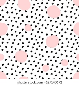 Hand drawn seamless repeat pattern with round shapes in pastel pink and black dots texture on white background. Modern and original textile, wrapping paper, wall art design.