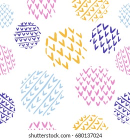 Hand drawn seamless repeat pattern with round shapes on white background. Modern and original textile, wrapping paper, wall art design.