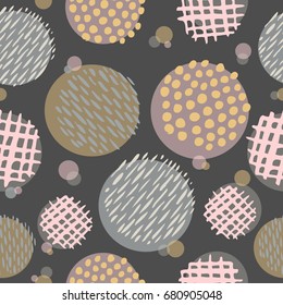 Hand drawn seamless repeat pattern with round shapes on gray background. Modern and original textile, wrapping paper, wall art design.