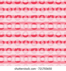 Hand drawn seamless repeat pattern with round shapes in pastel pink and red stripes texture. Geometric background. Modern simple textile, wrapping paper, wall art design.