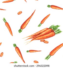 Hand drawn seamless repeated pattern with watercolor ripe orange carrots on the white background in vector