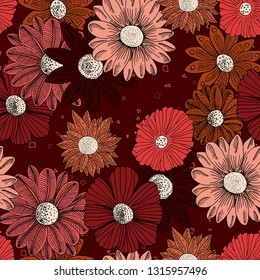 A hand drawn seamless repeating collection of flowers in a warm pastel tone, over of a mini square and triangle theme on a dark rich red background - Vector. Suitable for fashion, print, crafting etc.