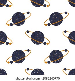 Hand drawn seamless repeating color simple flat pattern on white background. Vector background with planets.