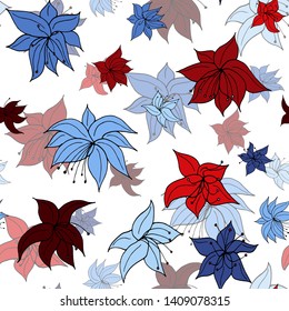 Hand drawn seamless repeating design of a blue and red style tropical flower pattern mix, on white background - Vector. Suitable for use in fashion, crafting, decoration, wallpaper, gift wrap etc.