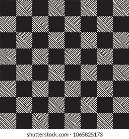 Hand drawn seamless repeating pattern with checker lines tiling. Grungy freehand ink brush background texture.