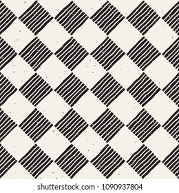 Hand drawn seamless repeating pattern with checker lines tiling. Grungy freehand ink brush background texture.