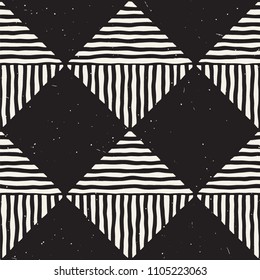 Hand drawn seamless repeating pattern with checker lines tiling. Grungy freehand ink brush background texture.
