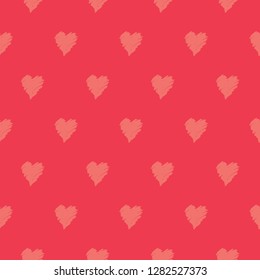 Hand drawn seamless repeating pattern with hearts in orange on red background. Cute and trendy romantic design poster, wrapping paper, Valentine card design.