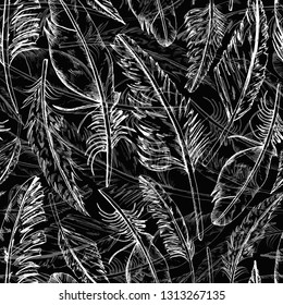 Hand drawn  seamless repeating pattern of a Monochrome floating feather set overlapping. On a black background - Vector. Suitable for use in decoration, textile, wallpaper, crafting etc.