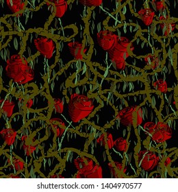 Hand drawn Seamless repeating pattern of a plentiful vine full of crimson roses, with leaves and thorn. On a midnight black background - Vector. Suitable for use  in fashion, crafting, deco etc.