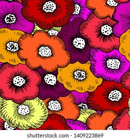 A hand drawn seamless repeating pattern of bunch of funky floral flowers design - Vector. For use in fashion, gifts, wallpaper, deco etc.
