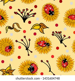 Hand drawn seamless repeating pattern of ladybirds resting upon sunflowers, on autumn coloured light yellow background - Vector. Suitable for use in crafting, wallpaper, fashion etc. 