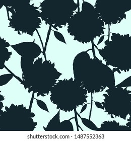 Hand drawn seamless repeating pattern, featuring dark teal floral silhouettes on a tinted baby blue background. For use in fashion, wallpaper, product packaging, textiles, crafting etc. 