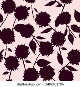 Hand drawn seamless repeating pattern, featuring dark burgundy floral silhouettes, on a light off peach background. For use in fashion, wallpaper, product packaging, textiles, crafting etc. 