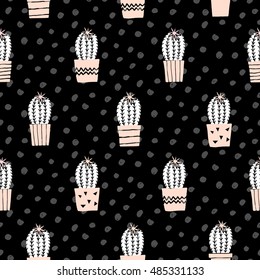 Hand drawn seamless repeating pattern with succulent plants in white and pastel pink on black background.