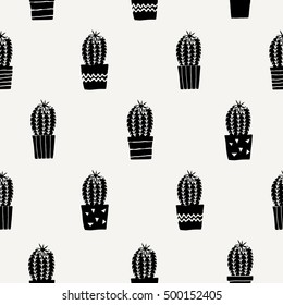 Hand drawn seamless repeating pattern with cactus plants in black on cream background.