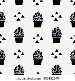 Hand drawn seamless repeating pattern with triangle shapes and succulent plants in black cream background.