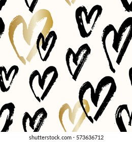 Hand drawn seamless repeating pattern with hearts in black and gold on cream background. Modern and stylish romantic design poster, wrapping paper, Valentine card design.