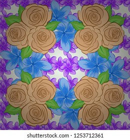 Hand drawn. Seamless rose pattern. Sketch with blue, violet and beige flowers.