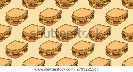 Hand drawn seamless sandwich pattern in a colorful design. A simple repeating food pattern suitable for background, textiles, restaurant material, label, and packaging