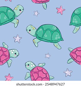 Hand Drawn Seamless Sea Turtle Pattern Cute Kids Print Design Vector