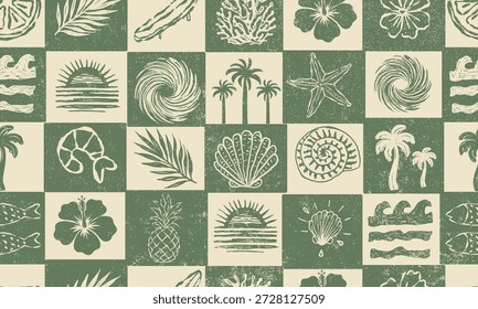 Hand Drawn Seamless Seashell Pattern – Boho Coastal Starfish and Shell Line Art Design in green Beach, Ocean, and Summer vector illustration.summer t-shirt print. holiday beach party,sound of the sea