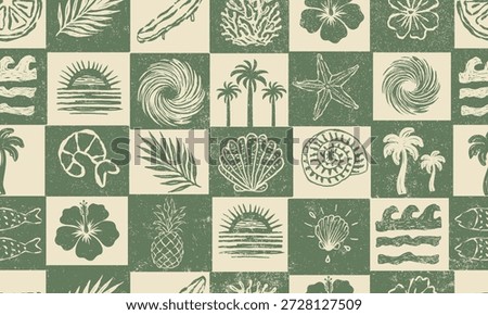 Hand Drawn Seamless Seashell Pattern – Boho Coastal Starfish and Shell Line Art Design in green Beach, Ocean, and Summer vector illustration.summer t-shirt print. holiday beach party,sound of the sea