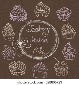 Hand  drawn seamless with set of cakes. Can use for design  wrapping paper, packaging, scrap-booking, sites and cafe menu