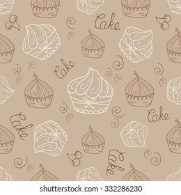 Hand drawn seamless with set of cakes. Can use for design wrapping paper packaging,  scrap-booking, sites and cafe menu