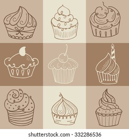 Hand drawn seamless with set of cakes. Can use for design wrapping paper packaging,  scrap-booking, sites and cafe menu