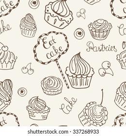 Hand drawn seamless with set of cakes. Can use for design wrapping paper packaging, scrap-booking, sites and cafe menu
