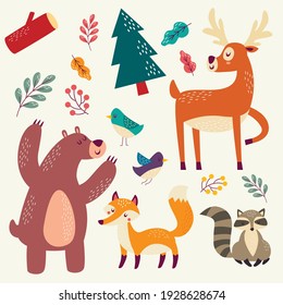 Hand drawn seamless set with fox, bear, deer and raccoon in forest. Scandinavian children design. Good for fabric, textile. Vector wallpaper with wild animals