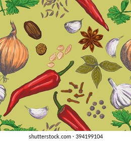 Hand drawn seamless set of organic spices. Vector illustration