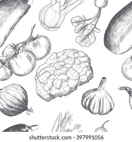 Hand drawn seamless set of organic vegetables. Natural ecological product. Healthy food, dietary product. Pattern for design. Tomato, fennel, onion, eggplant, cauliflower. Vector pattern for design