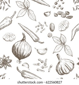 Hand drawn seamless set of organic spices. Vector illustration