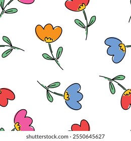Hand Drawn Seamless Simple Flower Pattern in Kids Style Trendy Print Vector