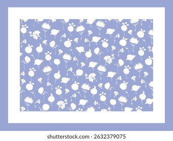 Hand drawn seamless with simple white daisy flower on lavender color background With Wide White Border.