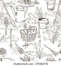 Hand drawn seamless sketch with gardening tools of shovel bucket pruner hoe and pot vector illustration