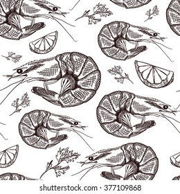 Hand drawn  seamless sketch of shrimp. Vector illustration