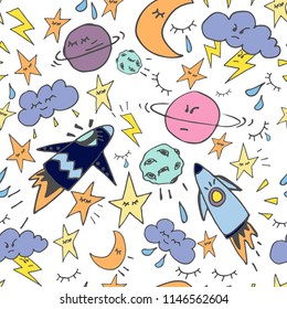 Hand drawn seamless space pattern made in vector. For backround, fabric or other types of design.